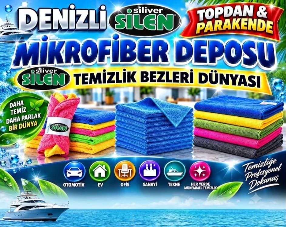 Siliver Silen Denizli Mikrofiber Deposu tanıtım afişi: renkli mikrofiber temizlik bezleri, toptan ve perakende